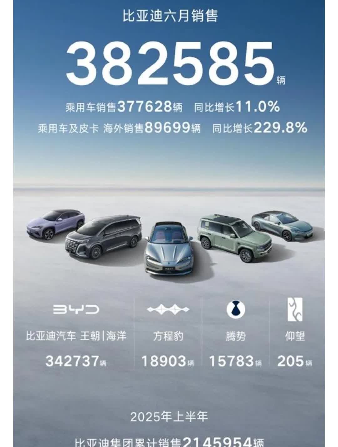 比亚迪六月销量382585辆。其中王朝加海洋342737辆。方程豹18903辆，