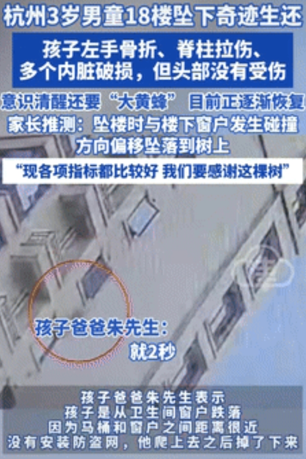 “命真大！”浙江杭州，一3岁男孩不慎从18楼坠落至楼下，送医检查后，发现孩子左手