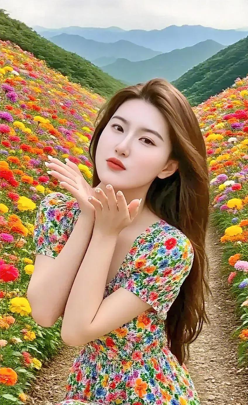 花海流香风拂发，
佳人凝目景含情。