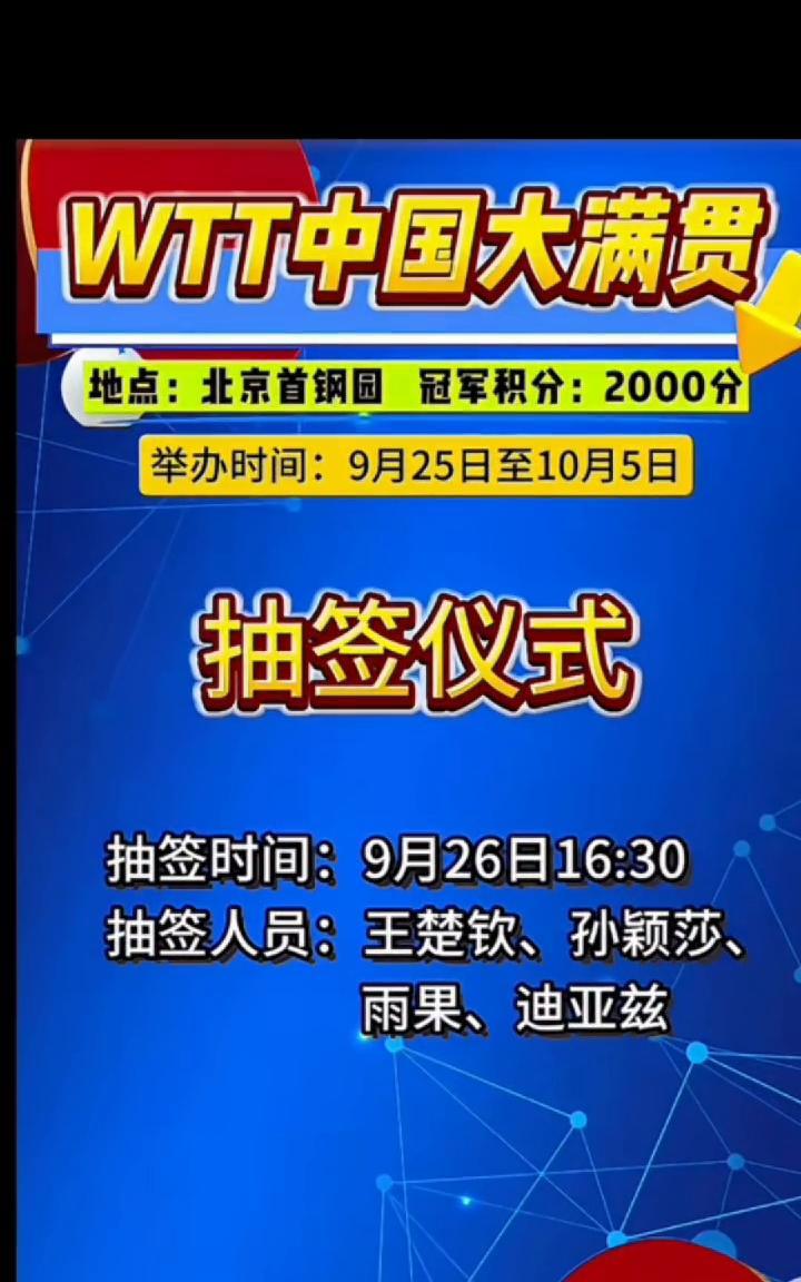 WTT中国大满贯。
地点：北京首钢园。冠军积分：2000分。举办时间：9月25日