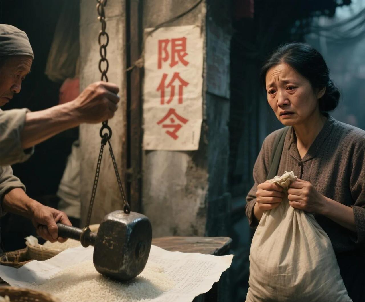 《小贩的秤砣比政府告示重》
粮店外面排长队，王麻子推车卖高价米。
警察掀翻他的摊