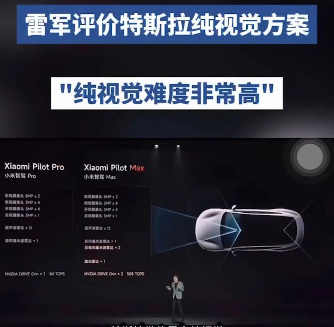 这就是雷军的聪明之处，特斯拉用纯视觉方案，雷军会说纯视觉难度非常高。
一副很佩服