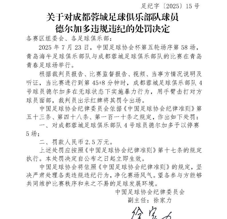 真是作孽！德尔加多因为肘击对方球员被中国足协禁赛5场，加上红牌一场，等于德尔加多