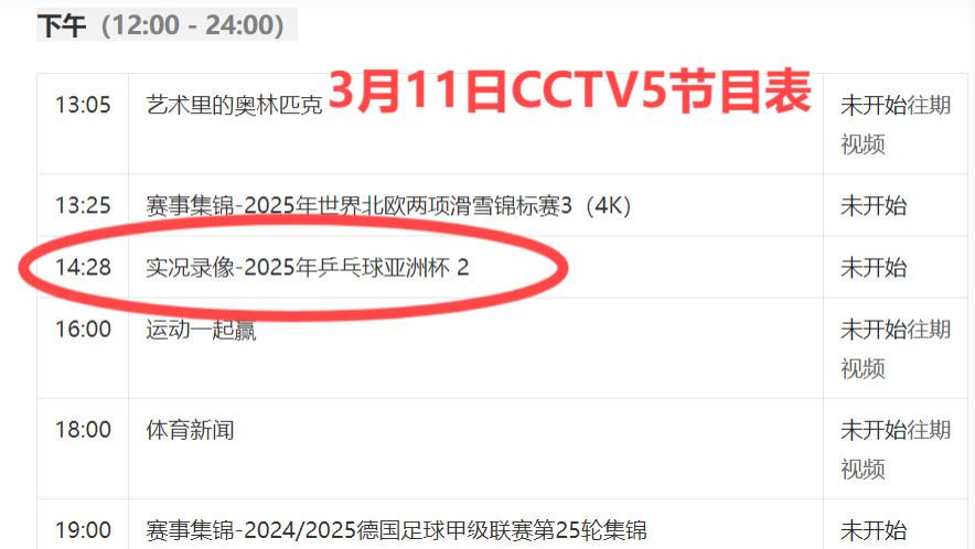 3月11日  下午14: 28中央5套节目表：附CCTV·CCTV5＋节目单
