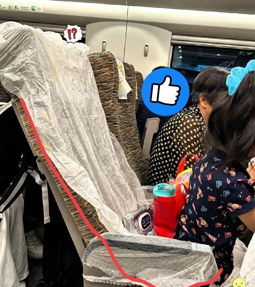 坐高铁时撞见有人自带一次性座垫铺上，当下忍不住感慨：
“如今坐高铁都这么讲究啦，
