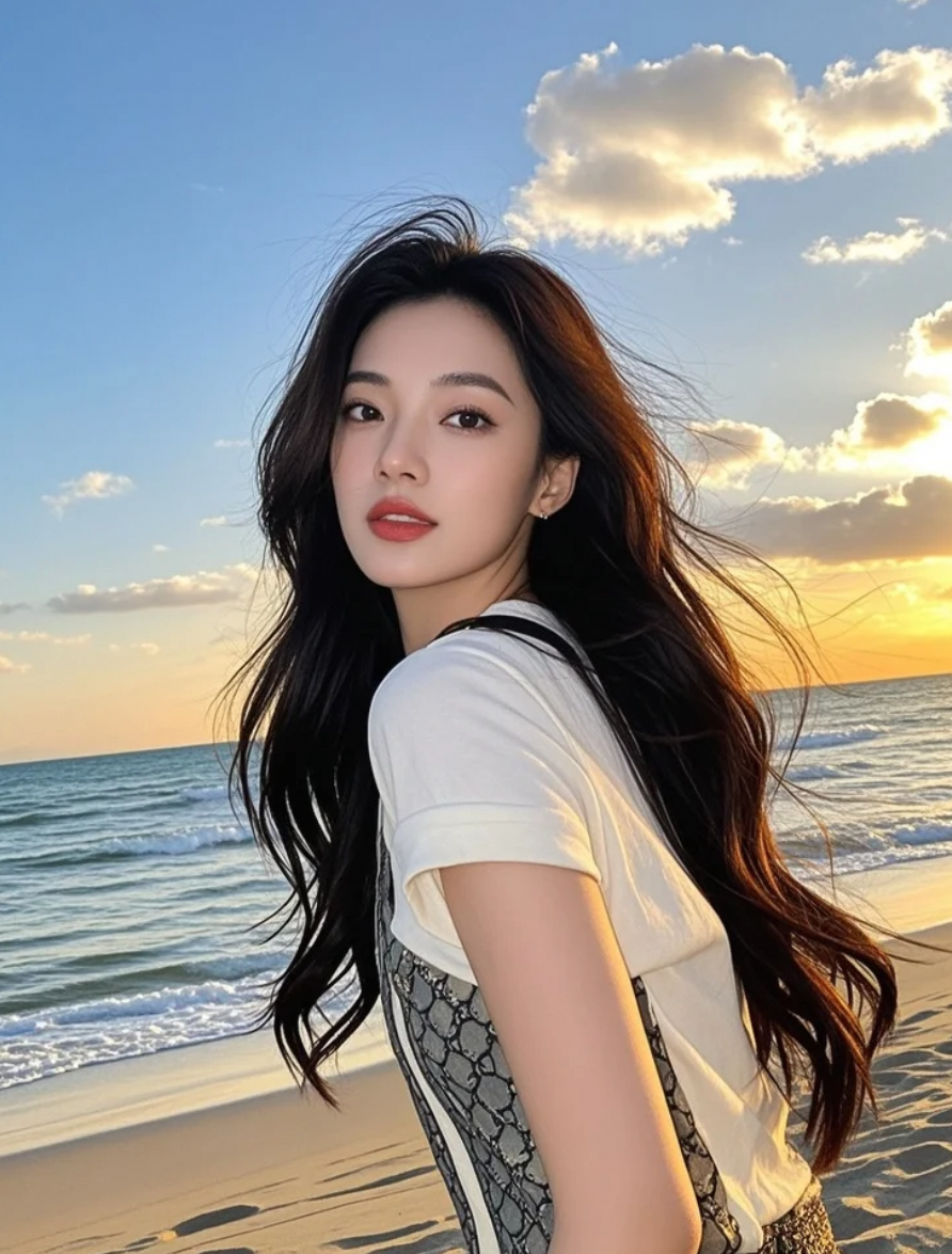 蓝天为证，她漫步沙滩，T恤简约却气场全开，是落日下最动人的星光风景