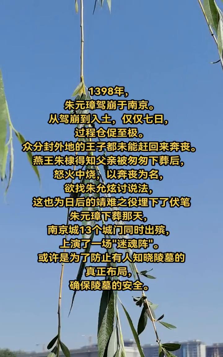1398年，朱元璋驾崩于南京。从驾崩到入土，仅仅七日，过程仓促至极。众分封外地的