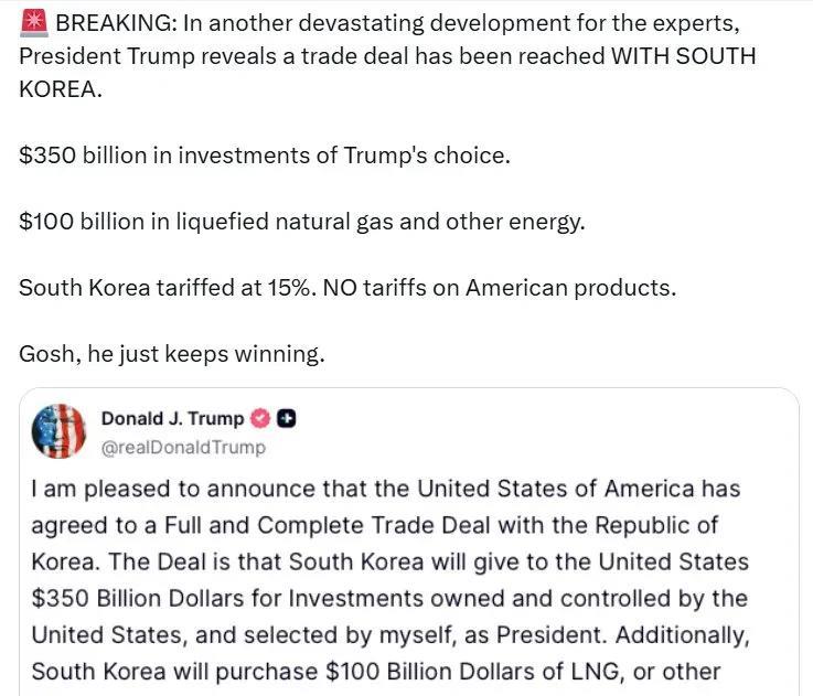 特朗普总统宣布与韩国达成贸易协议。
3500亿美元由特朗普选择的投资。
1000