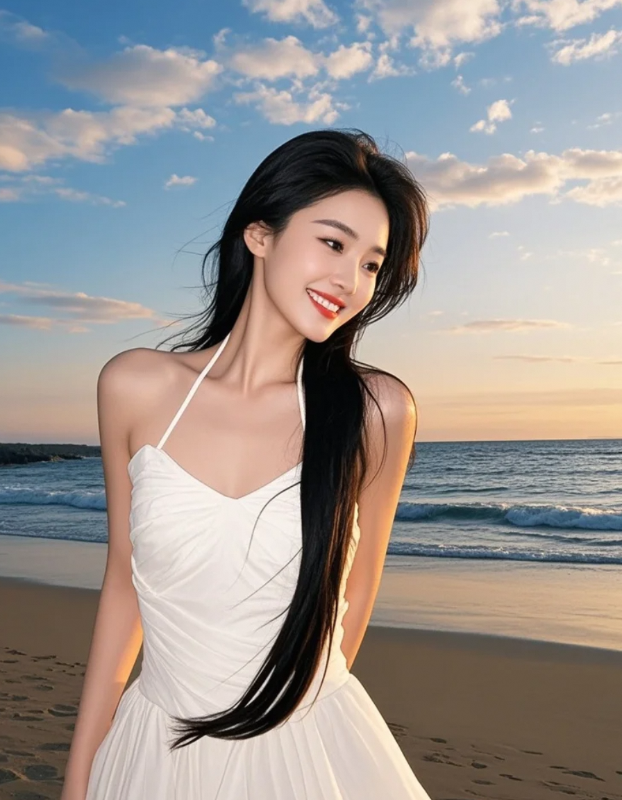 沙滩是画布，她是行走的、流动的晚霞