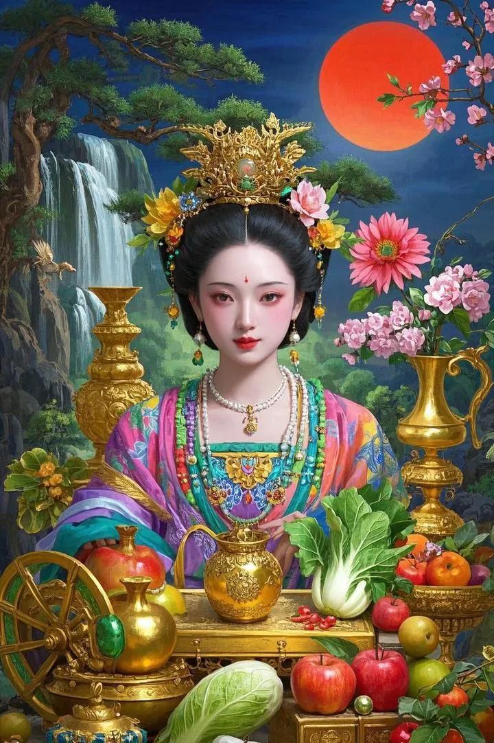 一愿嫦娥佑福泽，金花飘落好运多，生活常被喜乐裹，日子无忧又快活。
二愿嫦娥护家舍