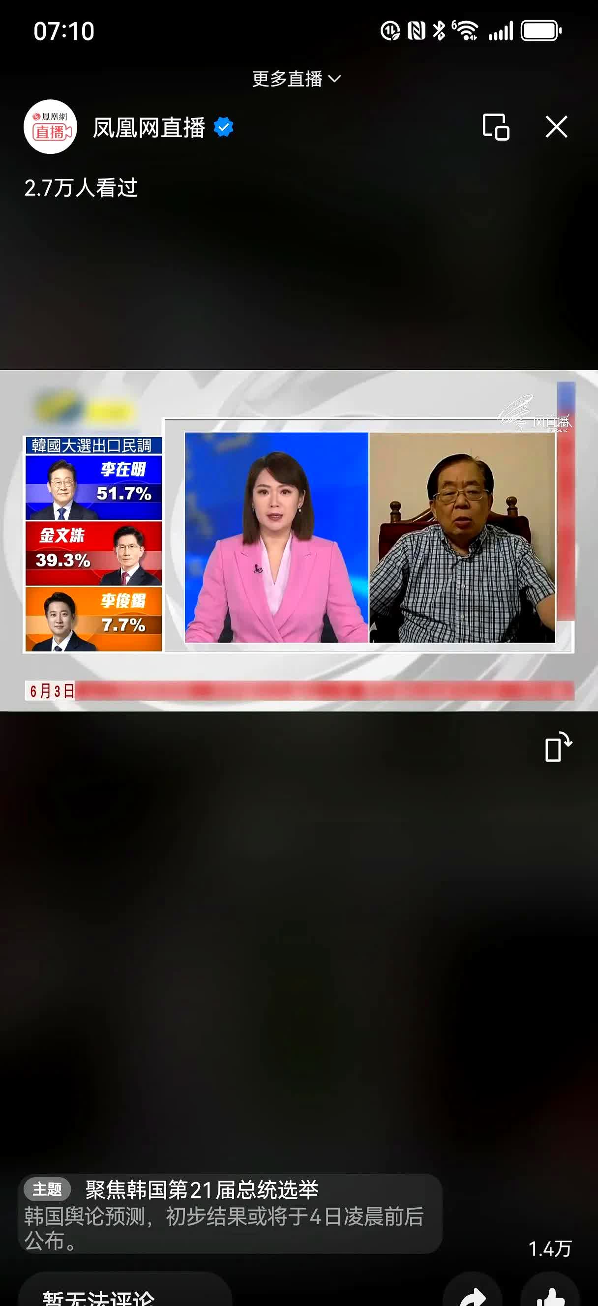 韩国总统大选有了最新的出口民调结果，李在明的支持率是 51.7%，继续领先。
