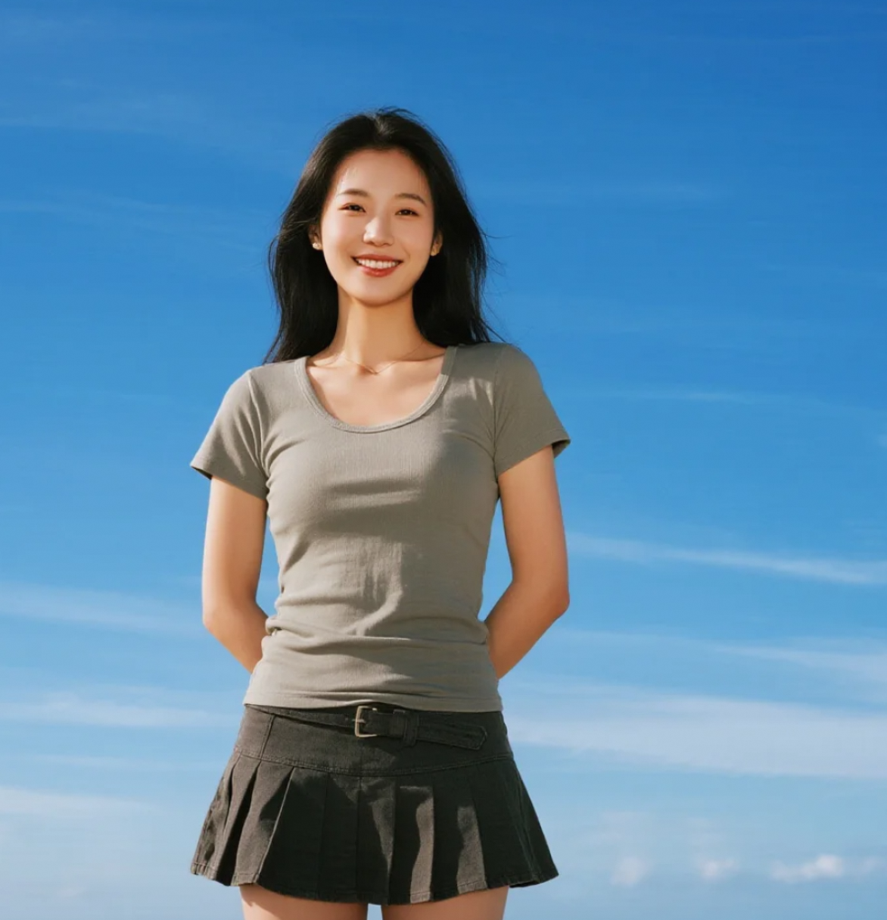 微笑面对蓝天，她的温柔融化了整片海洋