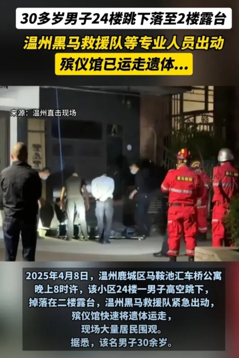 温州鹿城区30多岁男子24楼跳下落至2楼露台，不知是不是股市爆了的原因?
温州最