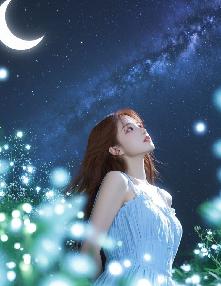 星空见证了她的美丽，也记录了这个难忘的夜晚。