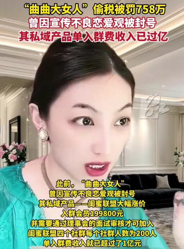 网红“曲曲大女人”偷税被罚758万