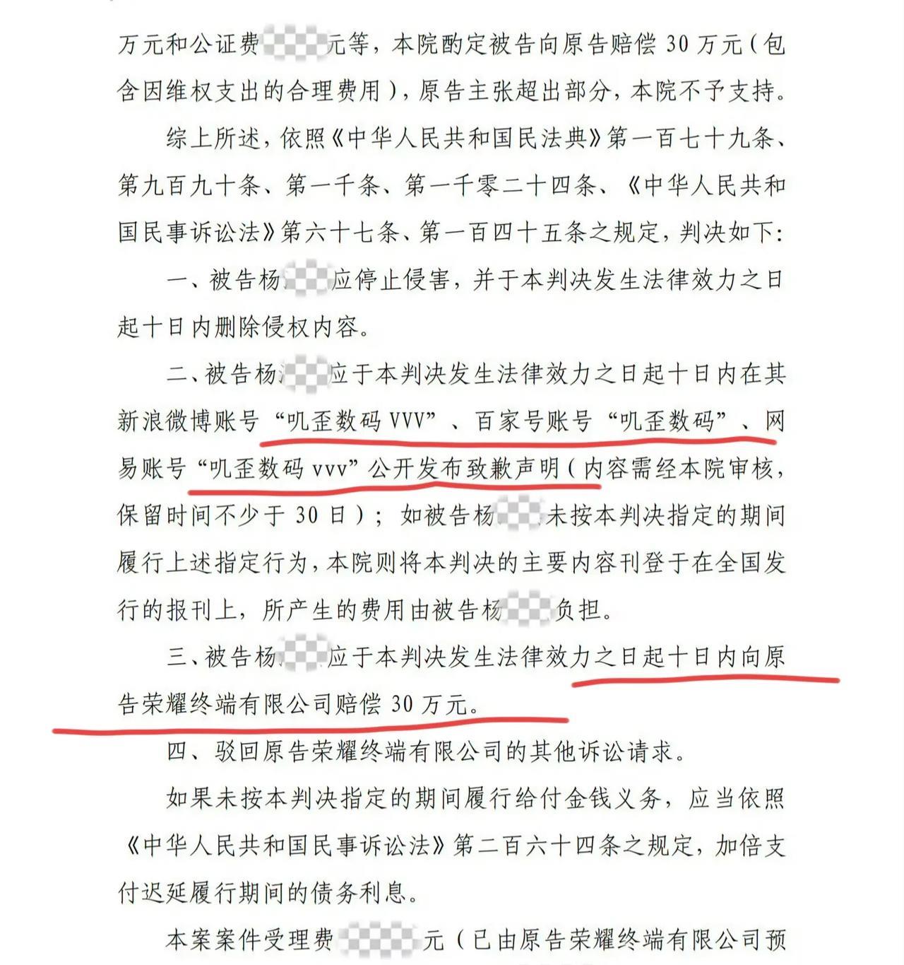 荣耀扫黑再下一城！大V被判赔30万！
互联网不是法外之地！又一次具象化了！
刚刚