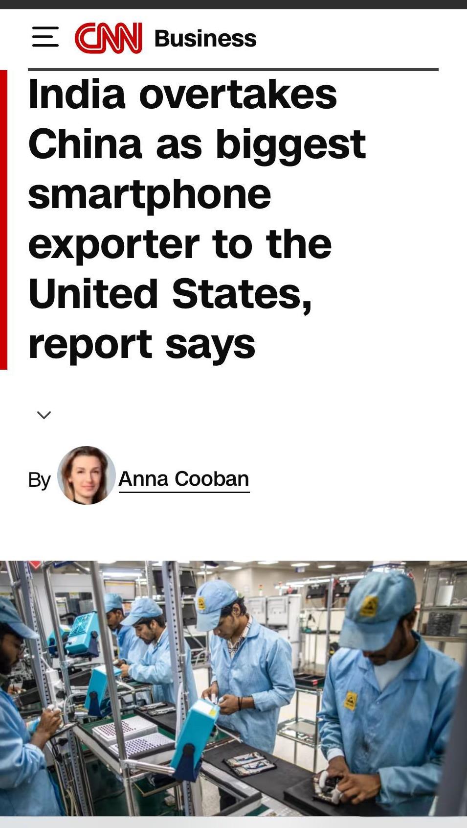报道称，印度取代大国成为出口美国智能手机最多的国家。据称，今年第二季度印度出口美