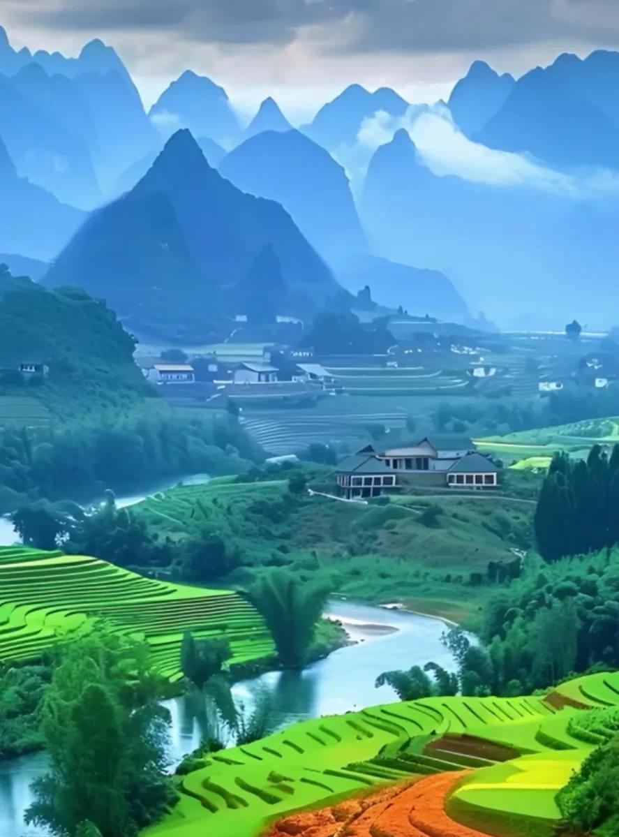 千帘淡雾锁重山
小舍门前水湛蓝
放眼梯田如锦画
……[祈祷][玫瑰]
上联:重山