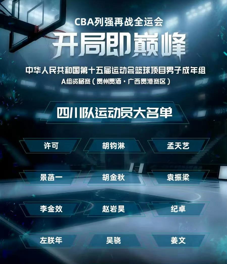 四川男篮征战全运会大名单出炉，胡金秋、周琦、孙铭徽等加入，被认为是夺冠大热门球队