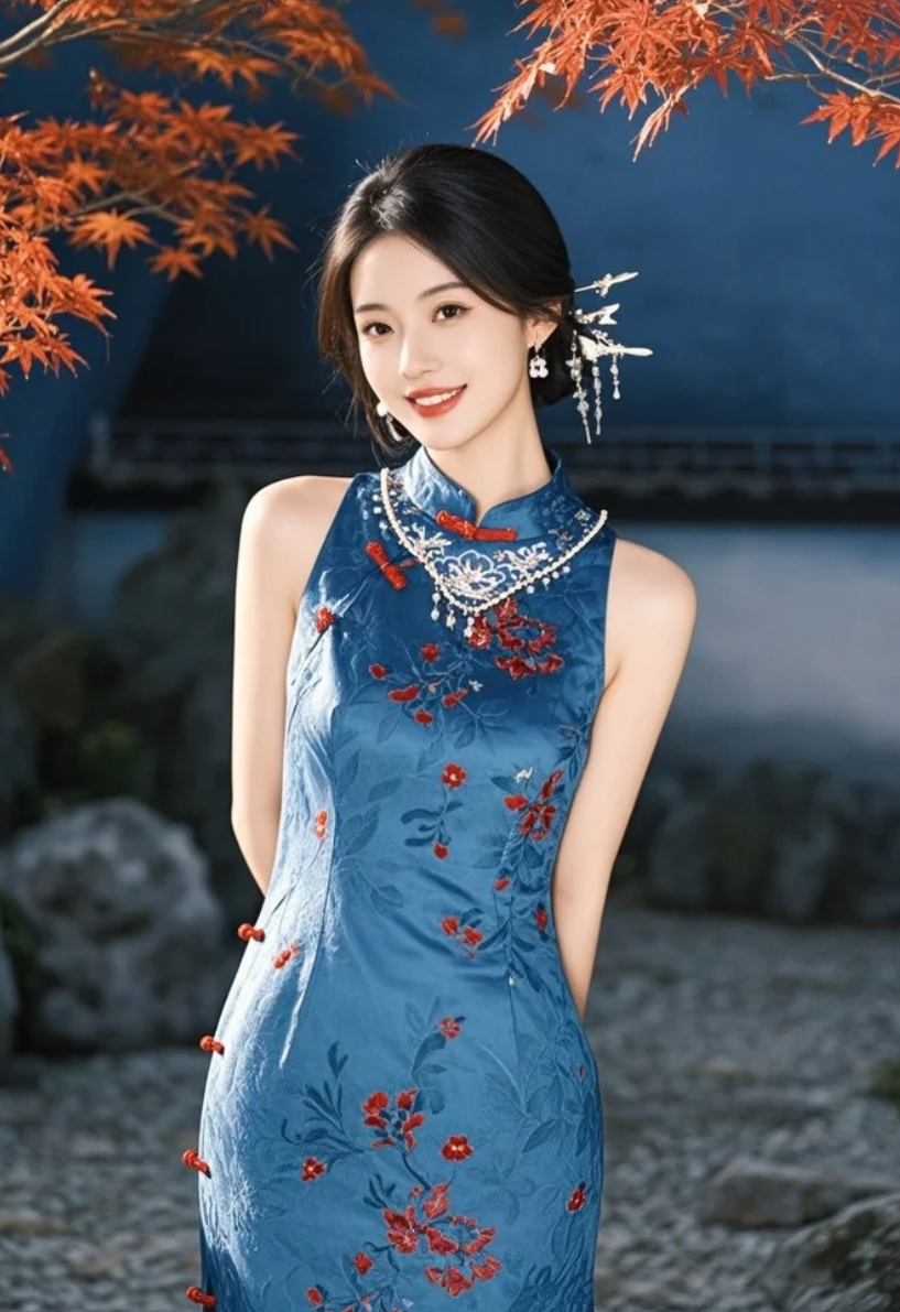 她不说话，只站在那儿——旗袍、珠宝、庭院，已足够动人