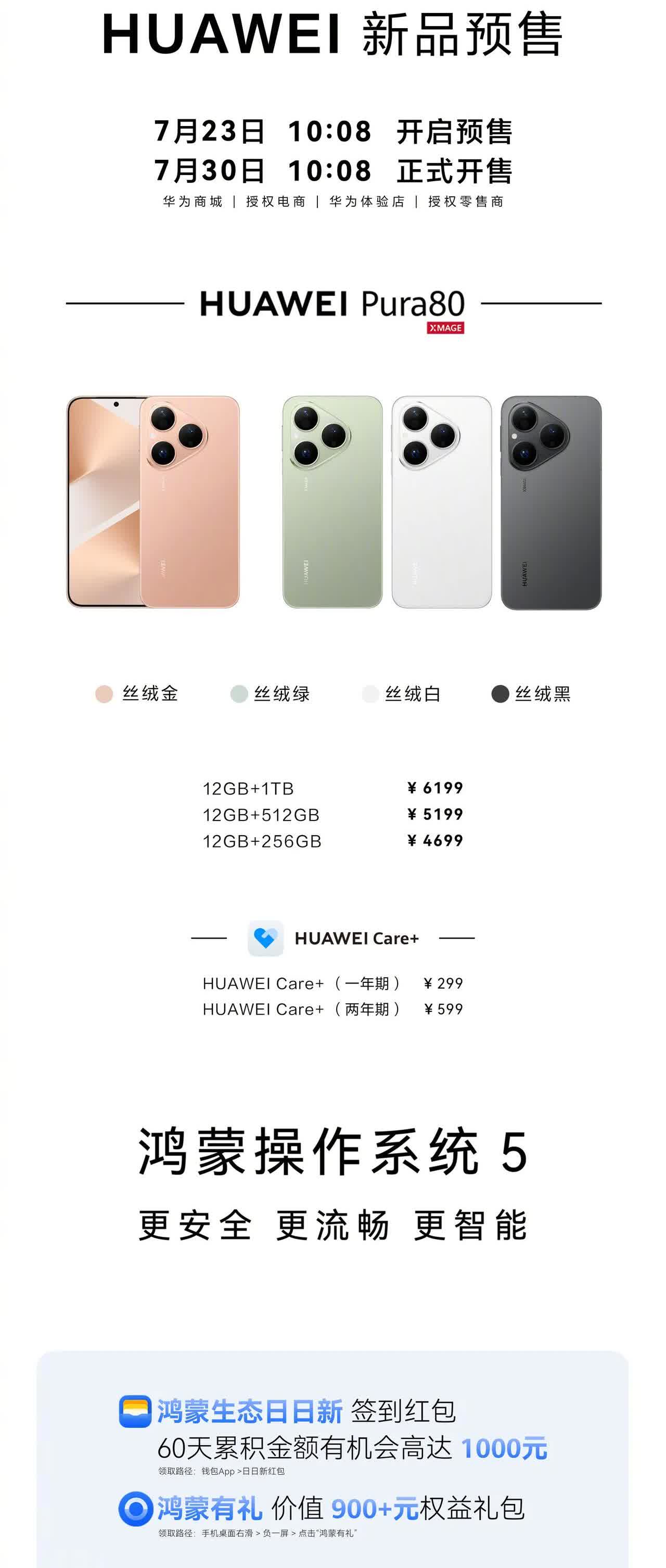华为Pura80标准版正式开售了

最低4699起，最高6199，有四款颜色