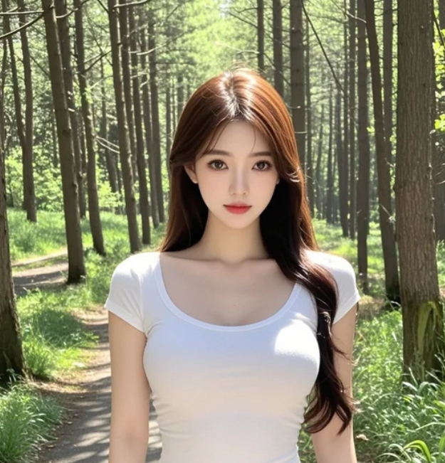 在绿意盎然的森林里，她的笑容如阳光般灿烂