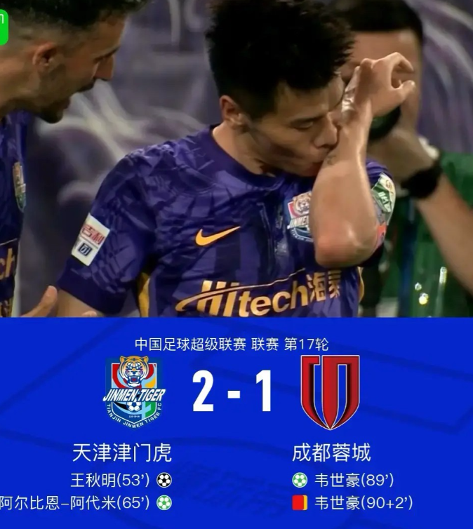 蓉城客场1-2津门虎，韦世豪被红牌罚下。

以现在蓉城主力阵容的实力，如果核心球