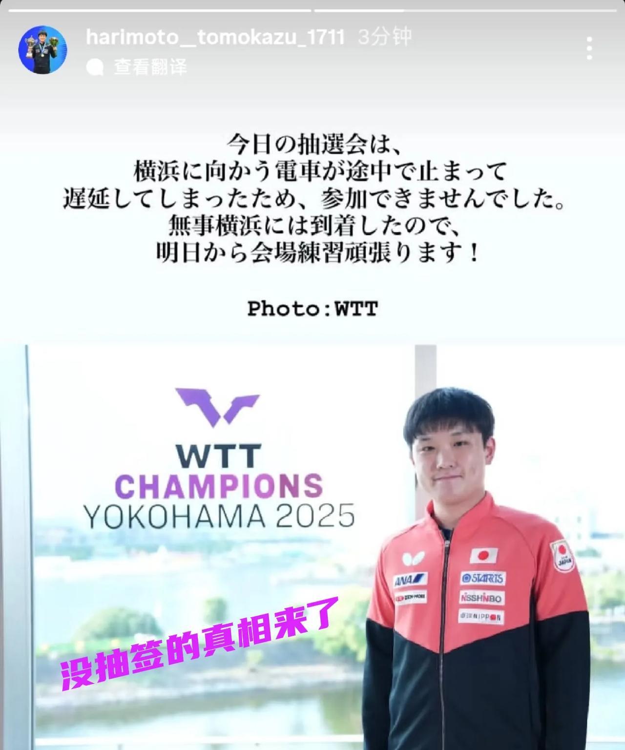 张本智和最新发文，解释没来抽签的原因真相来了！
张本智和说：今天的抽签会，因为自