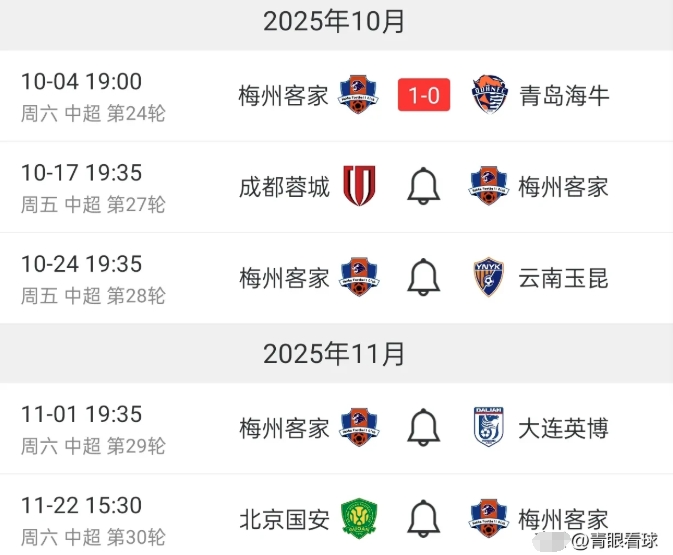 梅州的赛程是4支保级球队中最好的