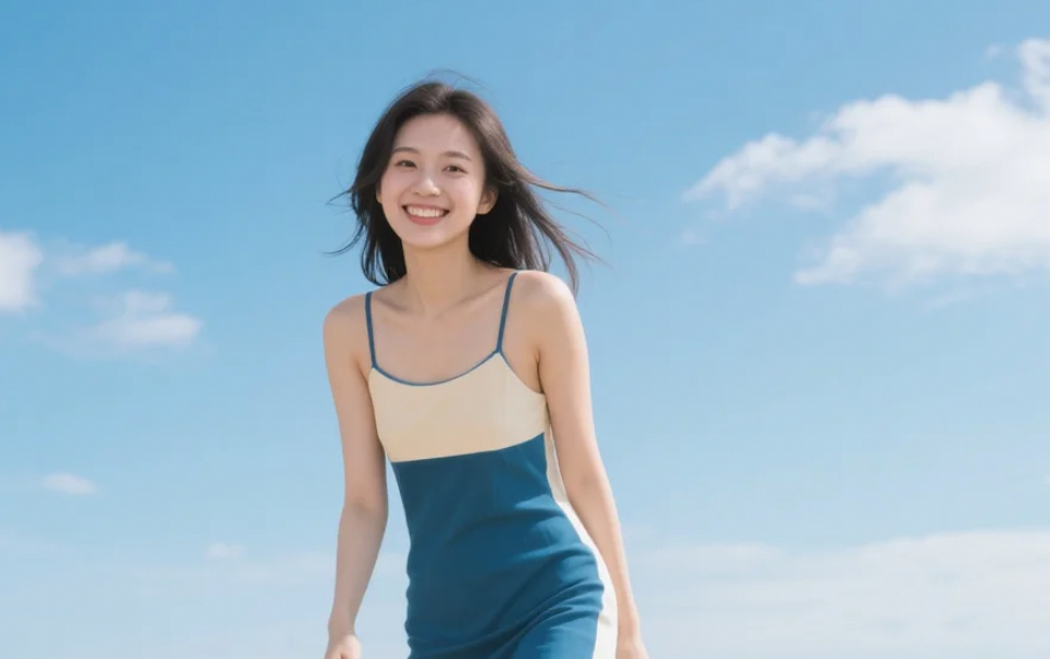 在这片金色的沙滩上，我穿着连衣裙尽情地嬉戏，享受着夏日的美好。