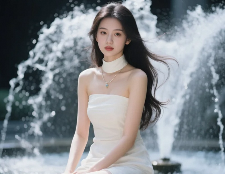 少妇戏水喷泉旁，曼妙身姿醉人心