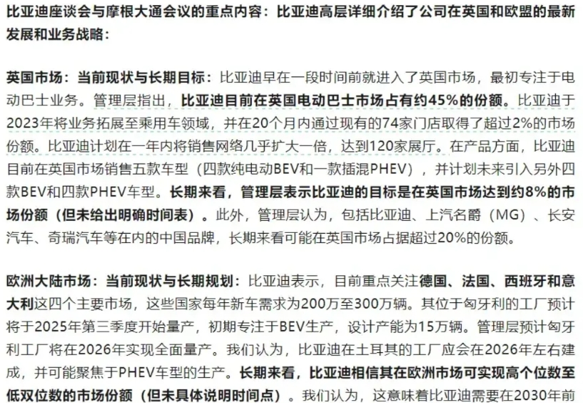 比亚迪与摩根大通会议的重点内容。
和我之前说的差不多，远期目标就是在欧洲拿下10