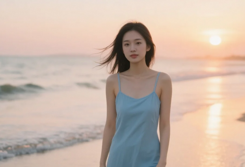 站在海边，感受着海风的轻抚，我的连衣裙也跟着舞动起来。
