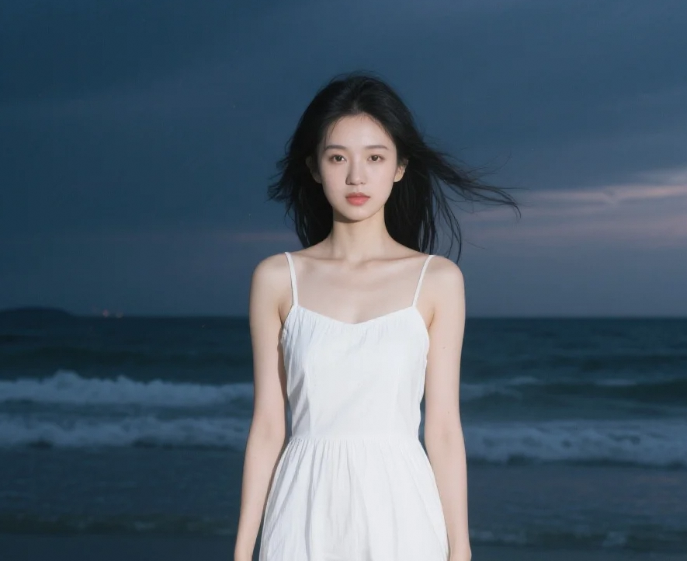 夜幕是滤镜，白裙是画布，海浪是流动的笔触