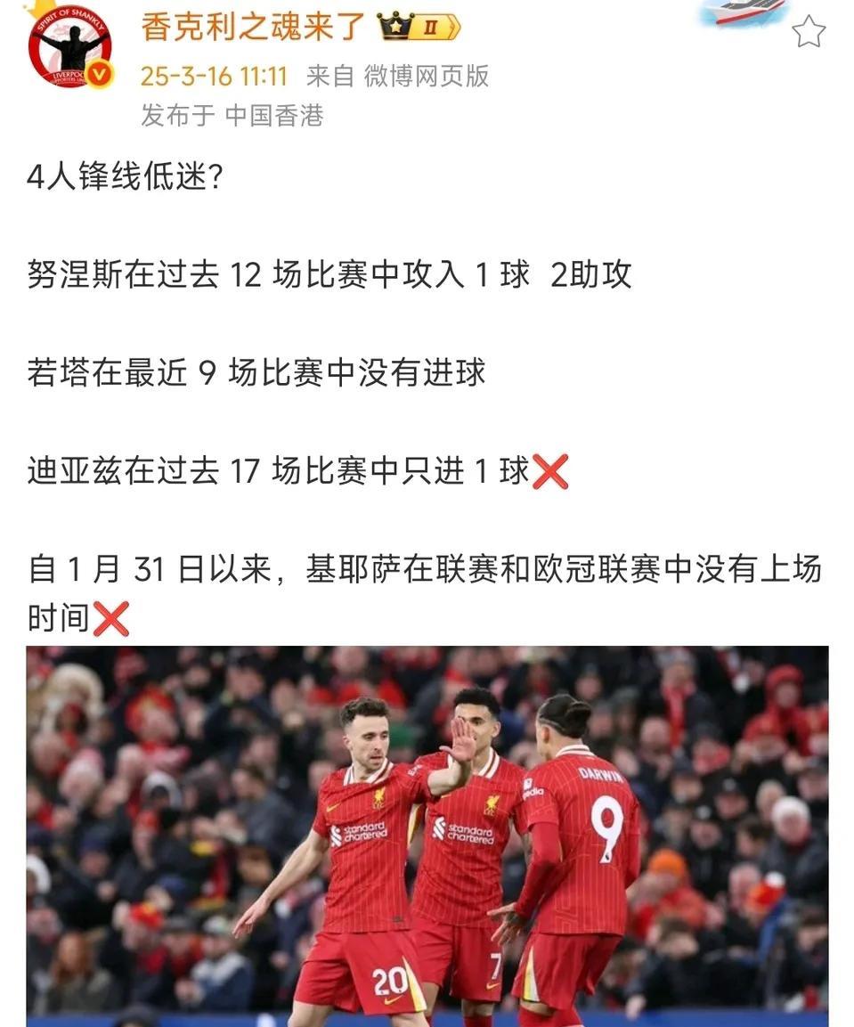 实事证明，利物浦只有萨拉赫强，其他人真一般。
努涅斯过去12场1球2助攻。
若塔