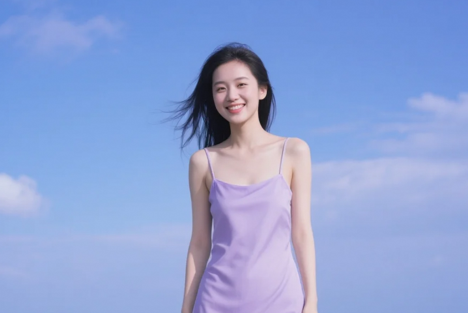 看着海浪轻轻拍打着沙滩，我穿着连衣裙静静地站着，心中满是感恩。