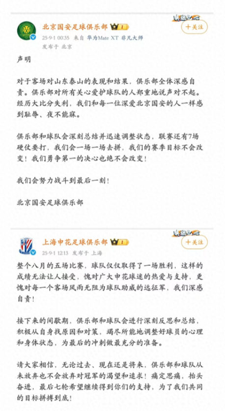 本轮中超榜首争冠四支球队中，海港、国安和申花三支球队输掉了比赛。9月1日，继北京