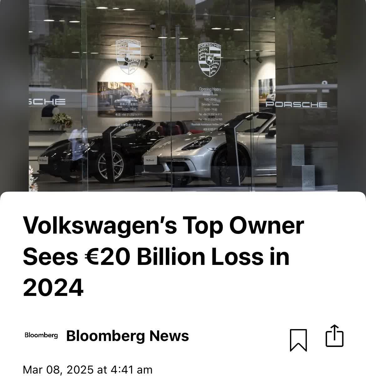 这事儿总不能怪雷总的保时米吧：
据彭博社报道，保时捷2024 财年税后亏损预计