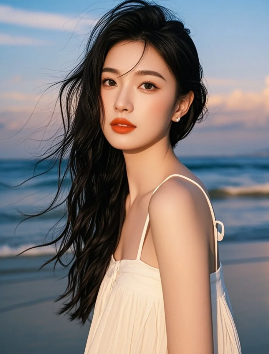 她的长发是海风的伙伴，共舞于天地之间