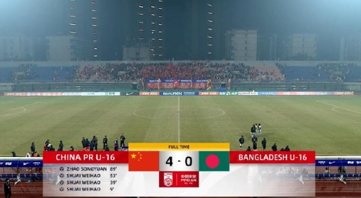 全场比赛结束，U17国足4-0力克孟加拉国U17，U17亚预赛5战全胜昂首晋级U