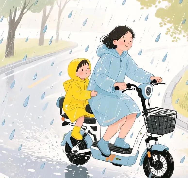今天早上起来，天下起了小雨。
我和儿子都穿上了雨衣，因为太热了，儿子满头大汗。