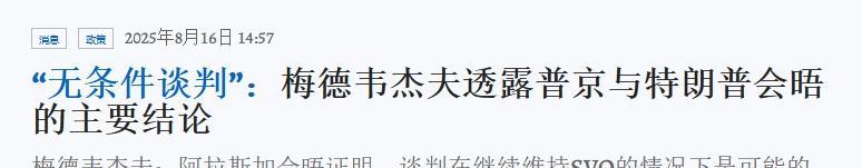 梅德韦杰夫披露细节：在把“球”踢给欧洲和乌克兰一事上，普京与特朗普达成共识
16