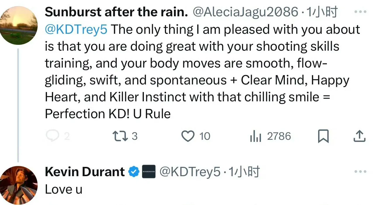 球迷：“KD，你唯一让我欣慰的是：投篮训练表现超棒，身法丝滑流畅、迅捷又灵动 +
