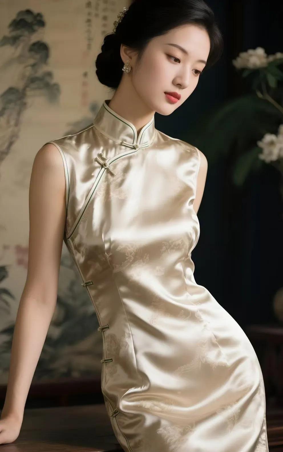 丝绸旗袍，似流动的诗画。细腻光泽勾勒曼妙身姿，于一颦一笑间，尽展东方女性的温婉与