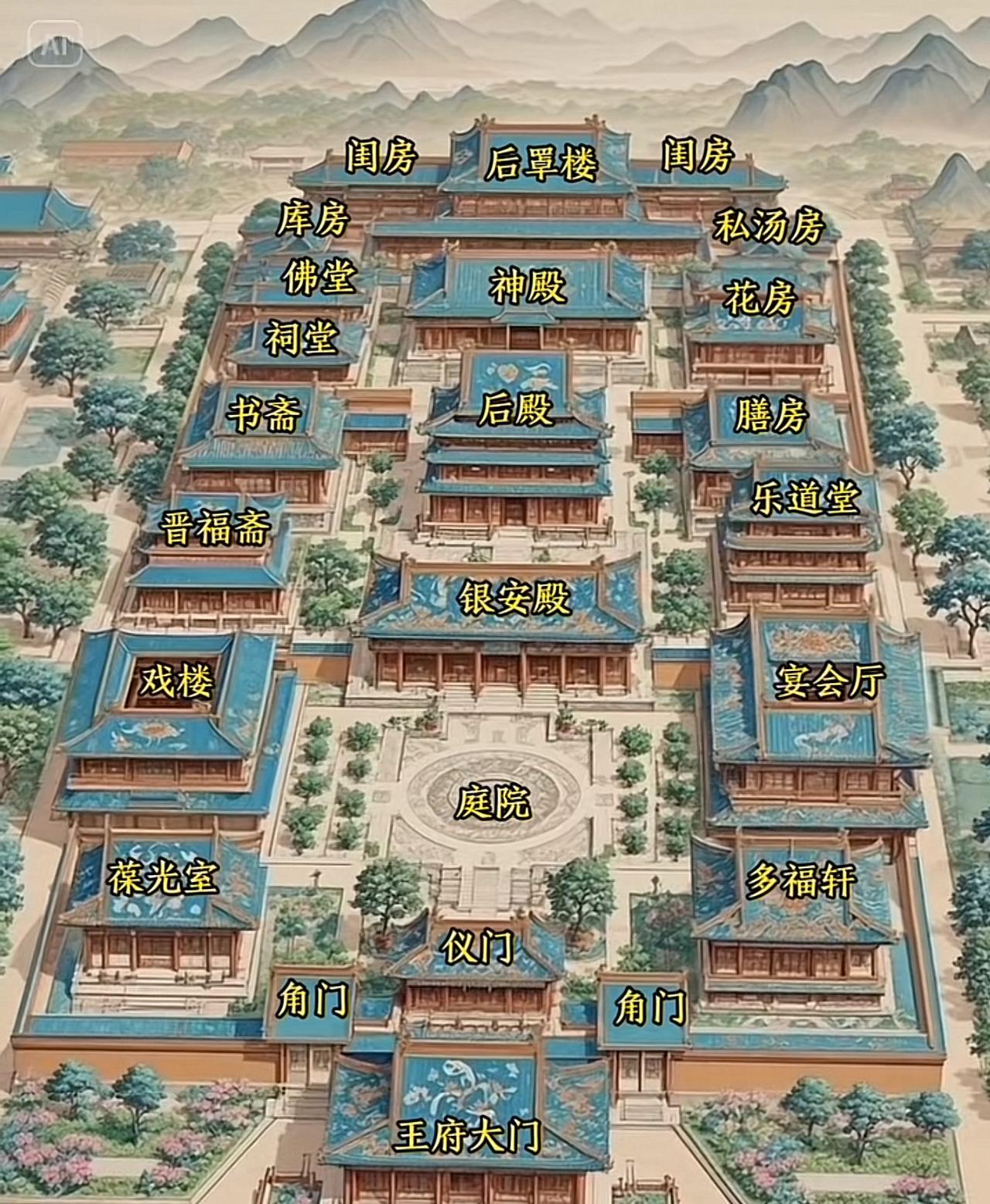 这是一幅王府建筑布局图，尽显传统中式建筑规制与风貌，整体布局 ！
