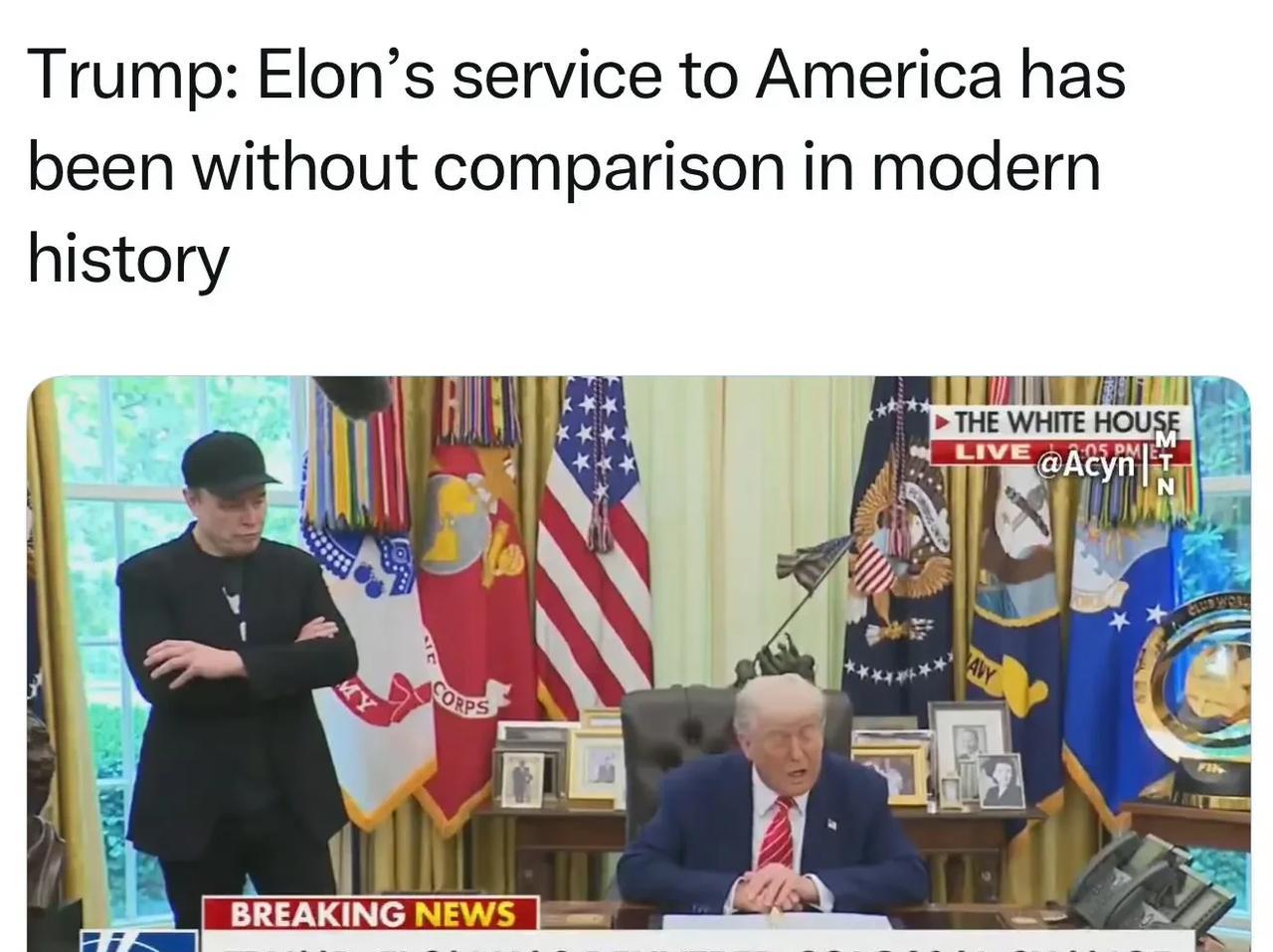 Trump在白宫为Musk开欢送会，盛赞他为美国提供的服务“现代史上无人能及”…