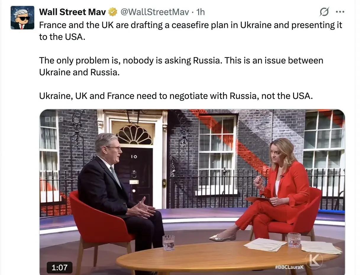 “法国和英国正在起草乌克兰停火方案，并提交给美国。
唯一的问题是——他们压根没问
