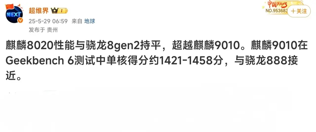 有数码博主测试，麒麟8020性能和骁龙8gen2持平，而且还超越了自家麒麟901