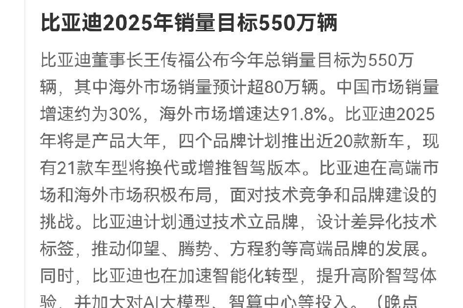 牛掰了！
两个消息连起来一起看才过瘾，比亚迪2025年销量目标550万辆，但是，