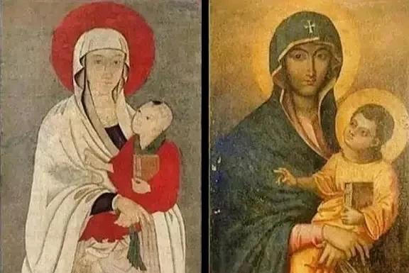 大家觉得到底谁模仿了谁
两幅画均描绘了一位女性（观音/圣母）怀抱孩童，孩童一手持
